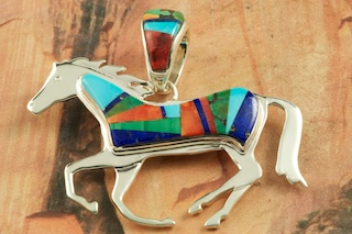 Stunning Horse Pendant featuring a Beautiful Mosaic of Genuine Turquoise, Spiny Oyster Shell, Blue Lapis and Black Jade inlaid in Sterling Silver. Reversible Horse Pendant with Contemporary Sterling Silver Design. Free 18